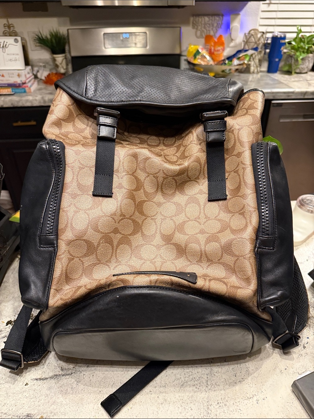 Coach Ranger Signature Canvas Backpack with Black Leather Trim